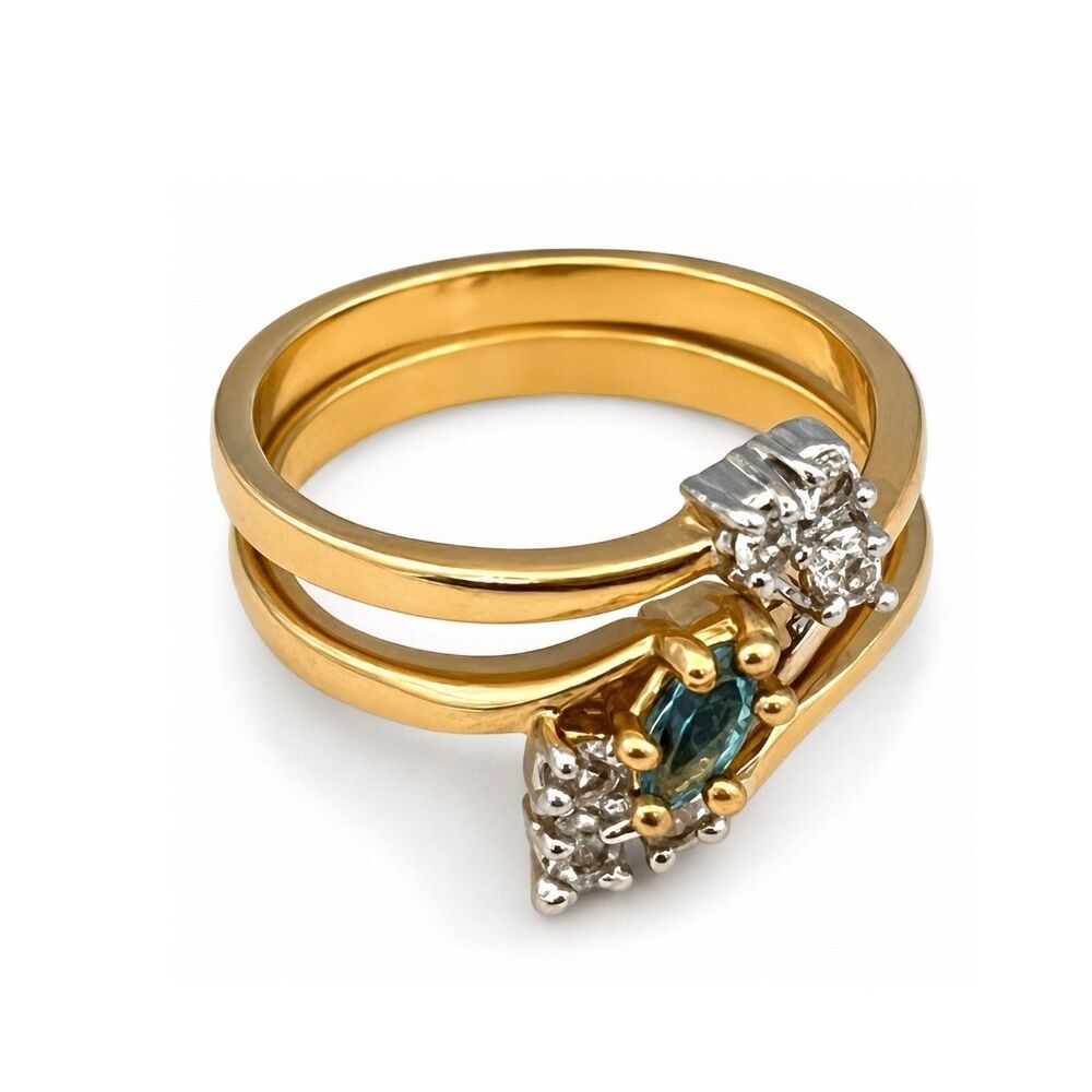 Vintage 1970s Ring Set Size 8 Blue Crystal CZ Bridal Set Gold Plated Band - 14Y